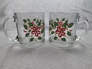 Christmas Glass Coffee Mugs Holiday Holly Bow Clear Tea Cup Set of 2 Made in USA